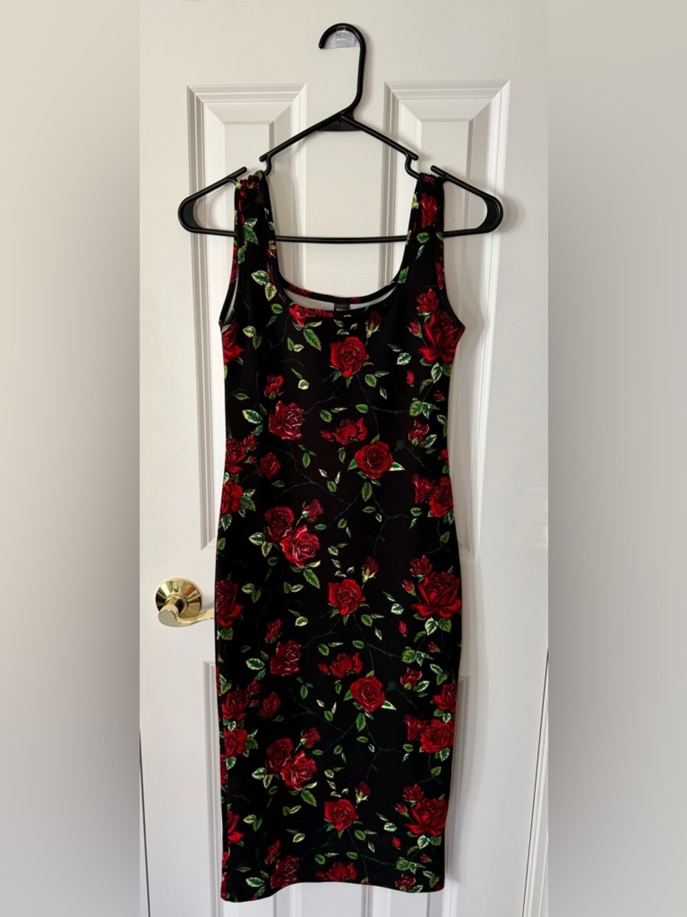 SHEIN Black Midi Dress with Red Rose Print